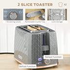 Grey 2-slice toaster set showing browning dial and illuminated function buttons