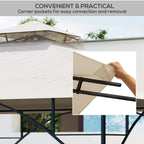 Beige gazebo canopy corner pocket attachment detail with hand holding edge.
