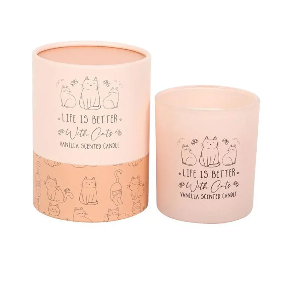 Set of two pink vanilla scented candle jars with cat line art and 'Life is Better' text