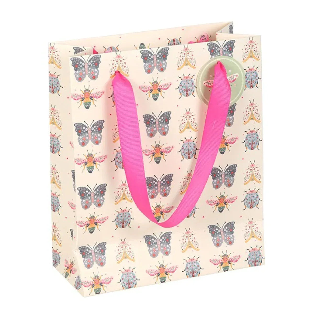 Medium gift bag front with pink rope handles and repeating floral bug print