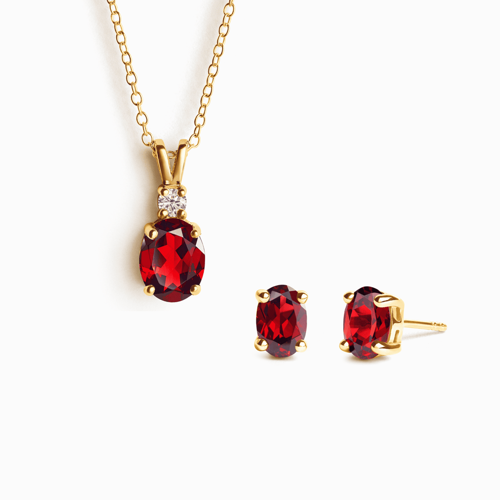 Gold vermeil necklace with red oval pendant and matching red stud earrings