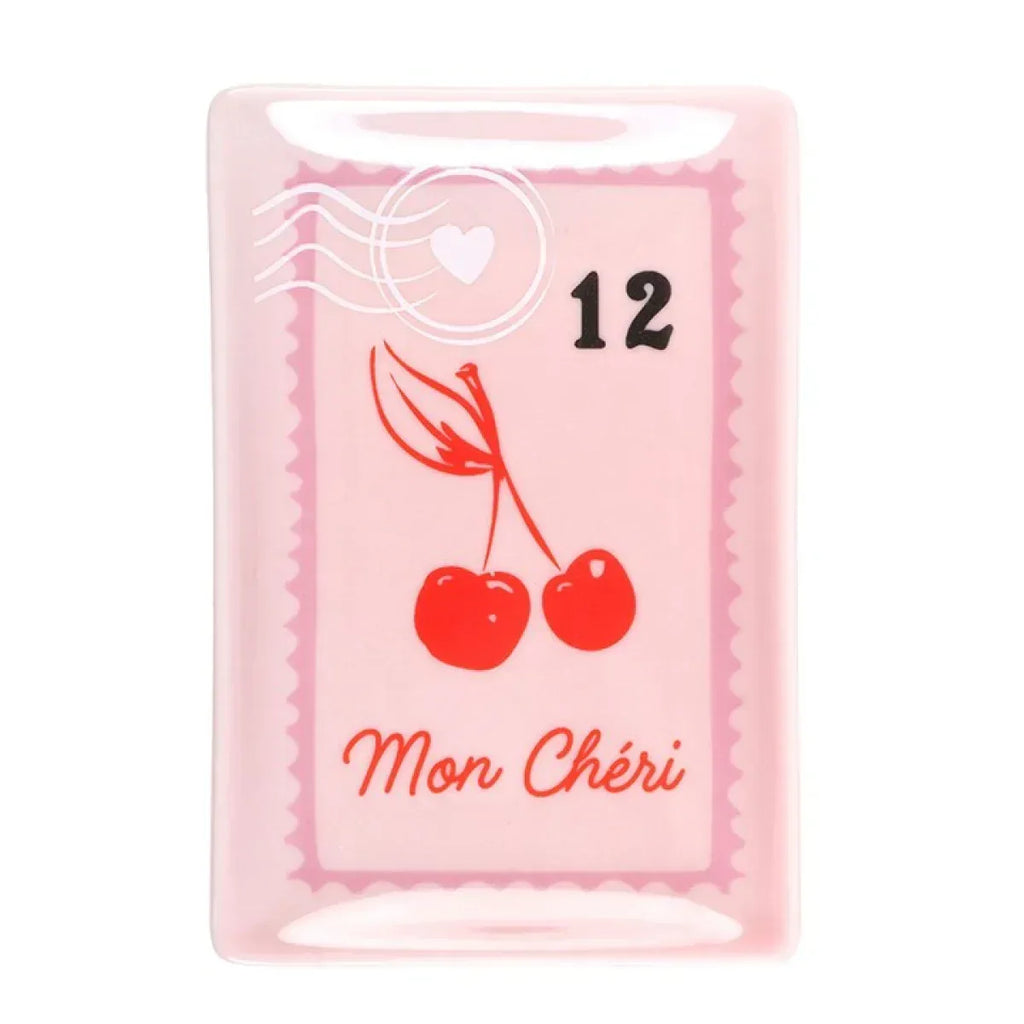 Pink rectangular trinket dish with cherry stamp design and Mon Chéri text