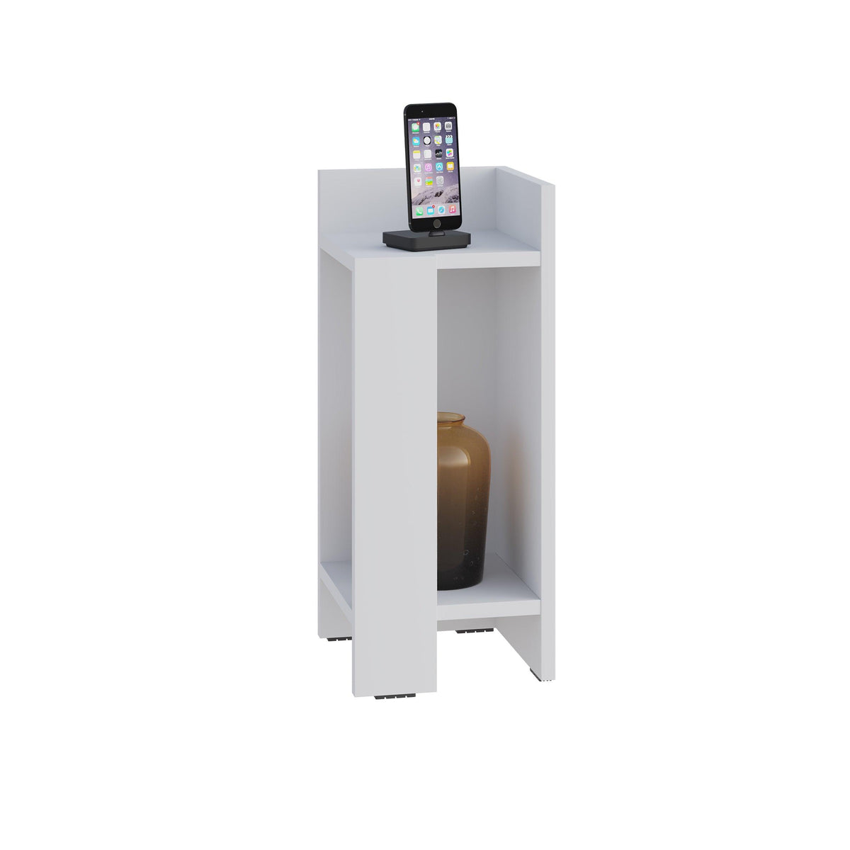 White narrow bedside table with open shelves and dark tablet stand, 25cm module