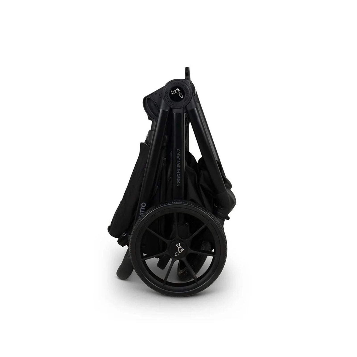 Black stroller frame with large wheels and folded rear section