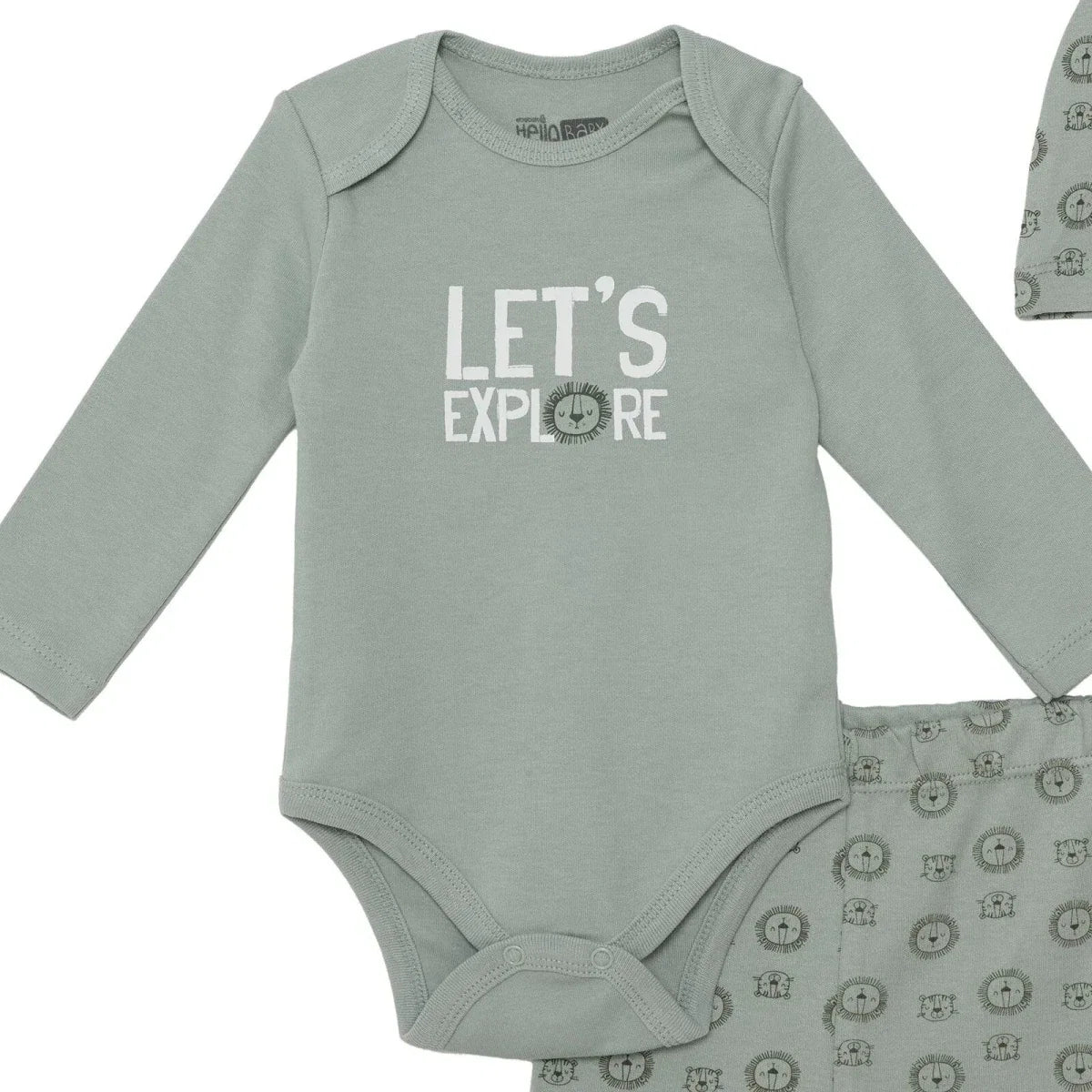 Green long-sleeve bodysuit with “LET’S EXPLORE” animal graphic