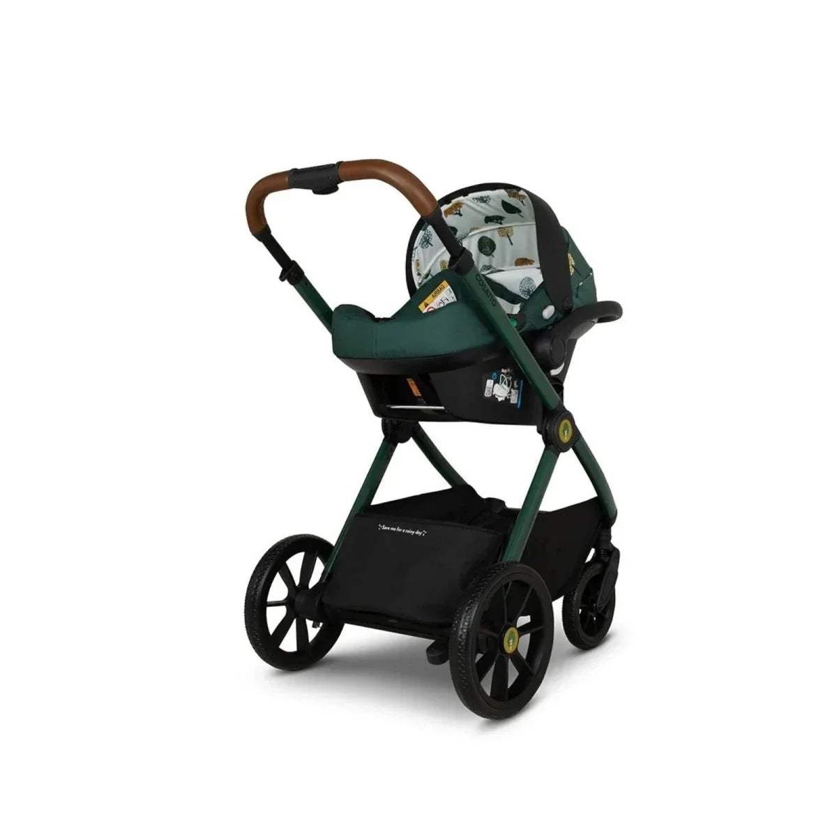 Green pushchair with brown handlebar and patterned infant seat, side view