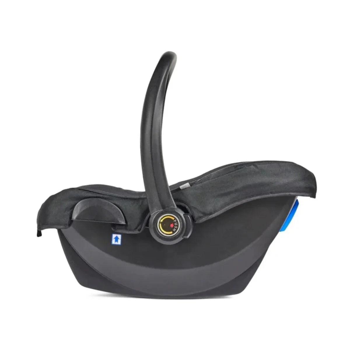 Dark grey infant car seat with carry handle and base
