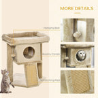 Brown cat tree tower detail view with hanging ball toy, roomy condo hide, and scratching pad