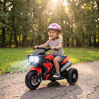 Kids red 3-wheel electric ride-on motorcycle toy with glowing front lights and wide tires