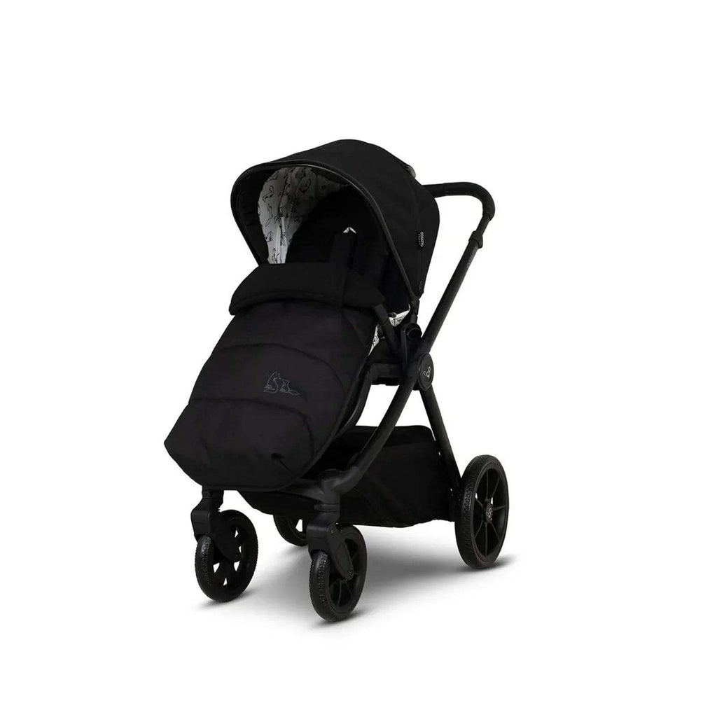 Black stroller seat with carrycot-style hood and padded footmuff, side view