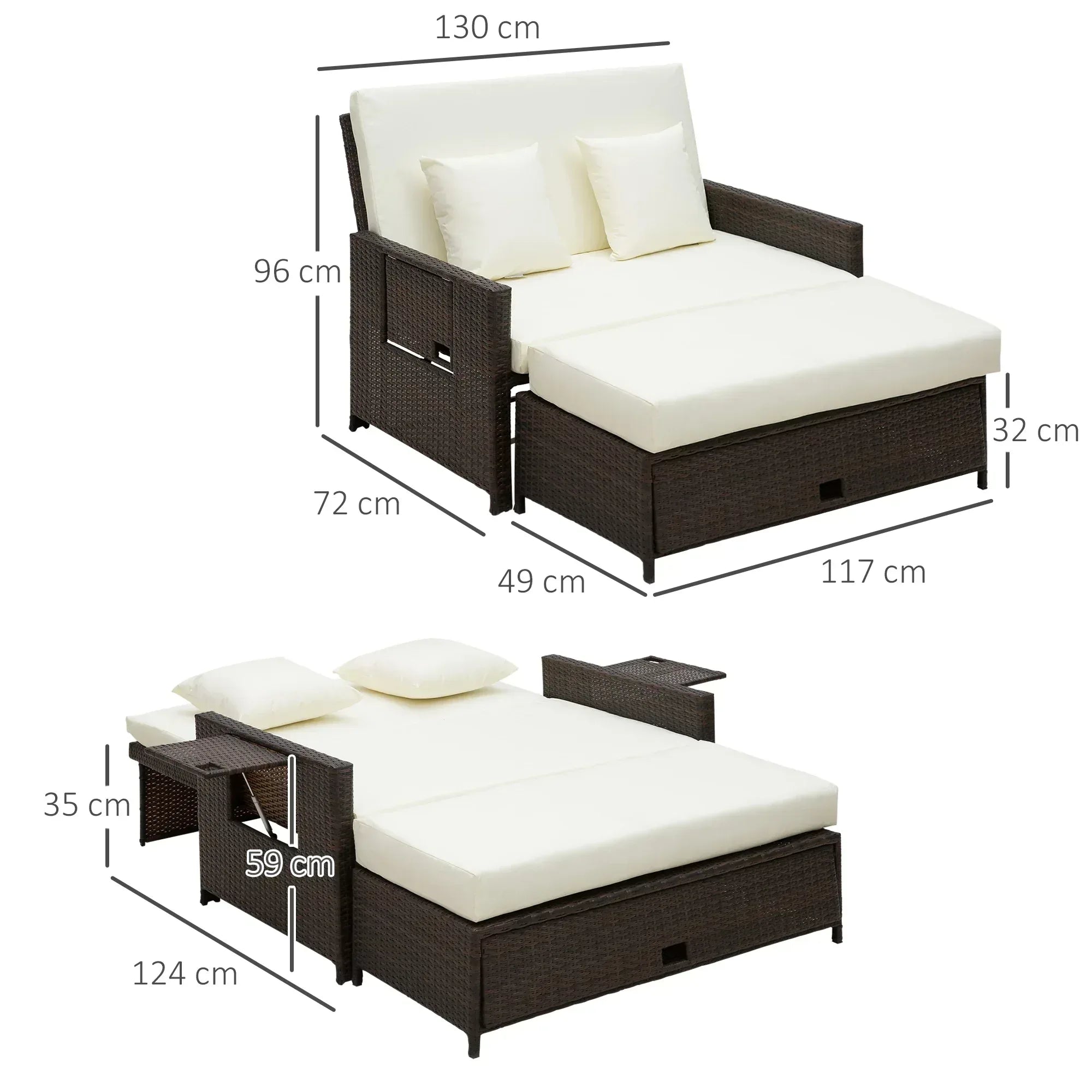 Rattan Sun Lounger 2 Seater Day Bed-Brown - Bobobiy