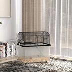 Black two-tier hamster cage setup with wire upper level, ramp, and deep plastic base
