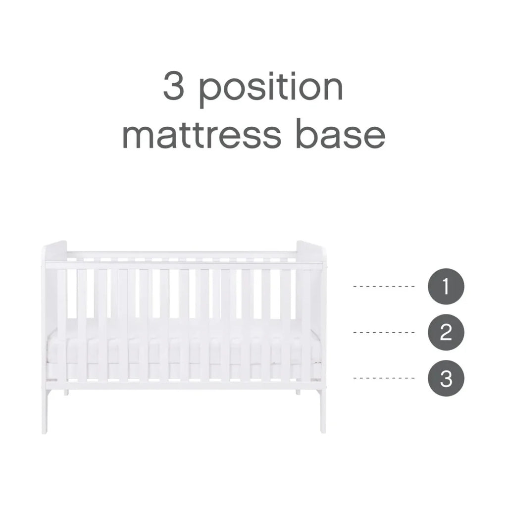 White cot bed frame with adjustable mattress base shown in three positions