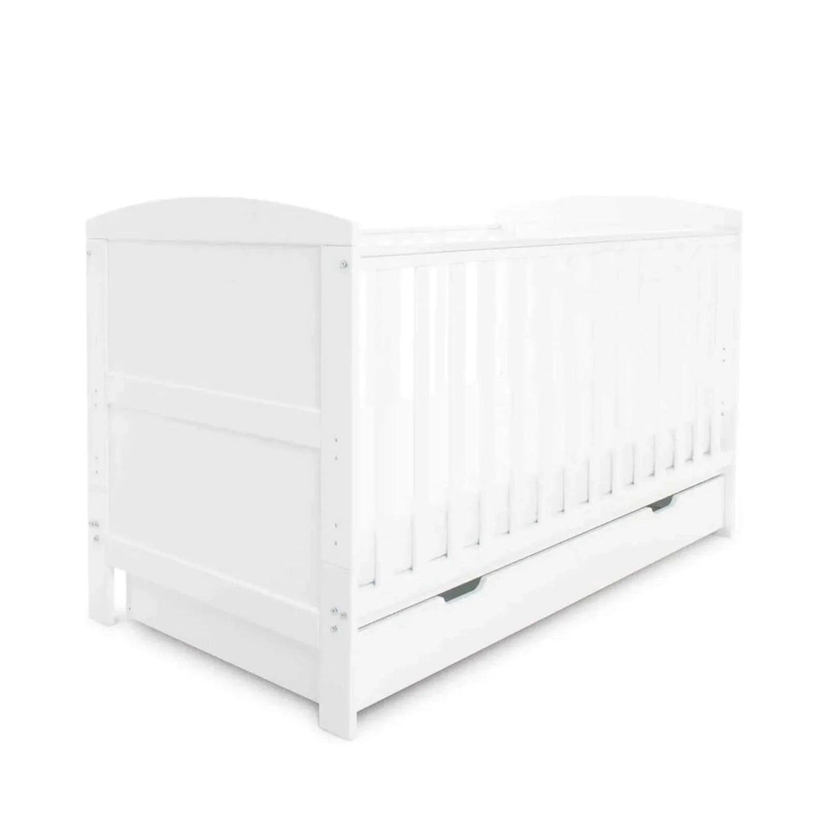 White cot bed with under drawer, classic panel ends and vertical rail sides