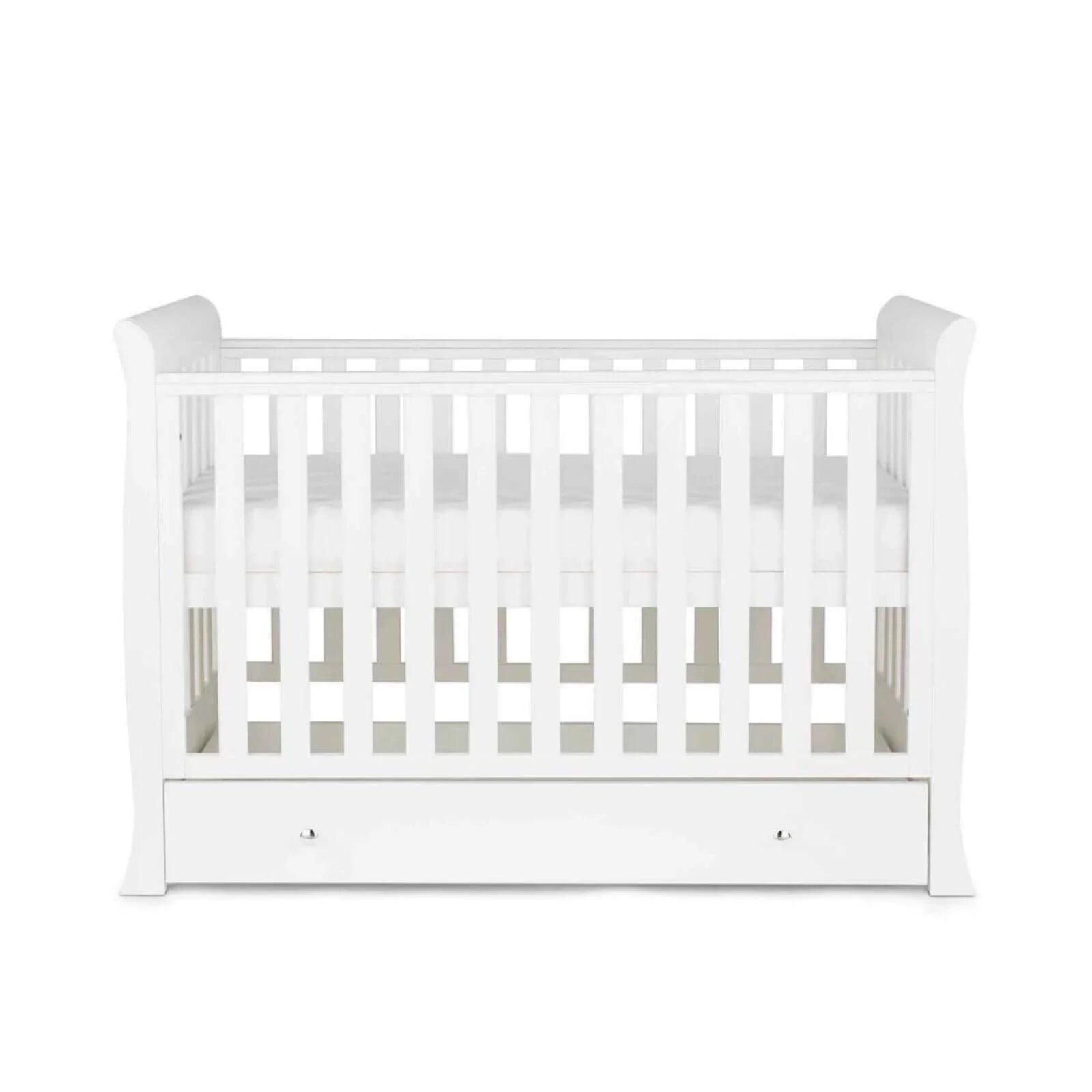 White mini cot bed with front drawer and open rails, viewed straight-on on white background