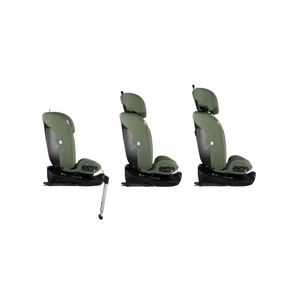 Olive-green car seat side views at different recline positions on black base