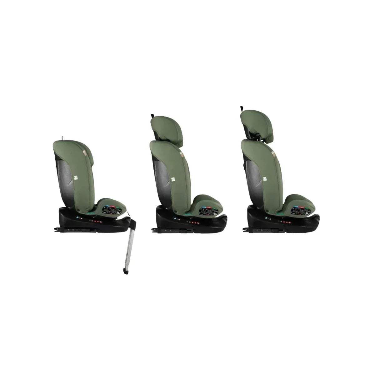 Olive-green car seat side views at different recline positions on black base