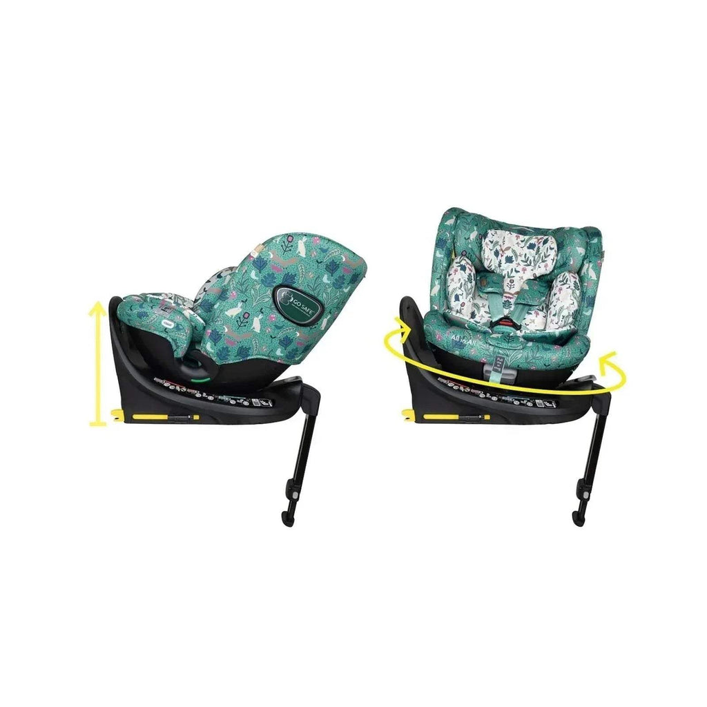 Rotating infant car seat in green woodland fabric with adjustable base lever