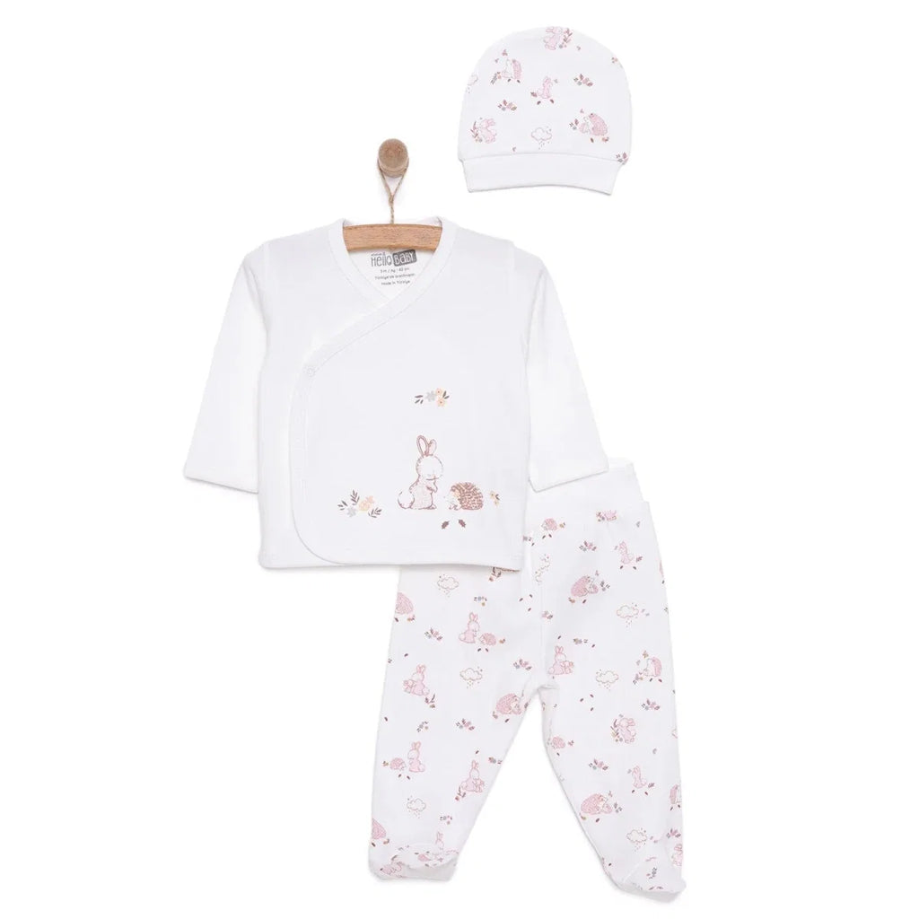 Newborn baby girl set in ecru: long-sleeve top, printed pants, and matching hat