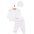 Newborn baby girl set in ecru: long-sleeve top, printed pants, and matching hat