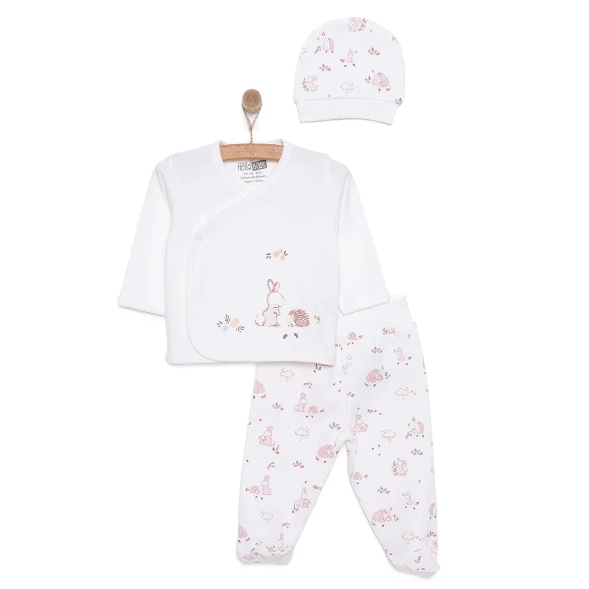 Newborn baby girl set in ecru: long-sleeve top, printed pants, and matching hat