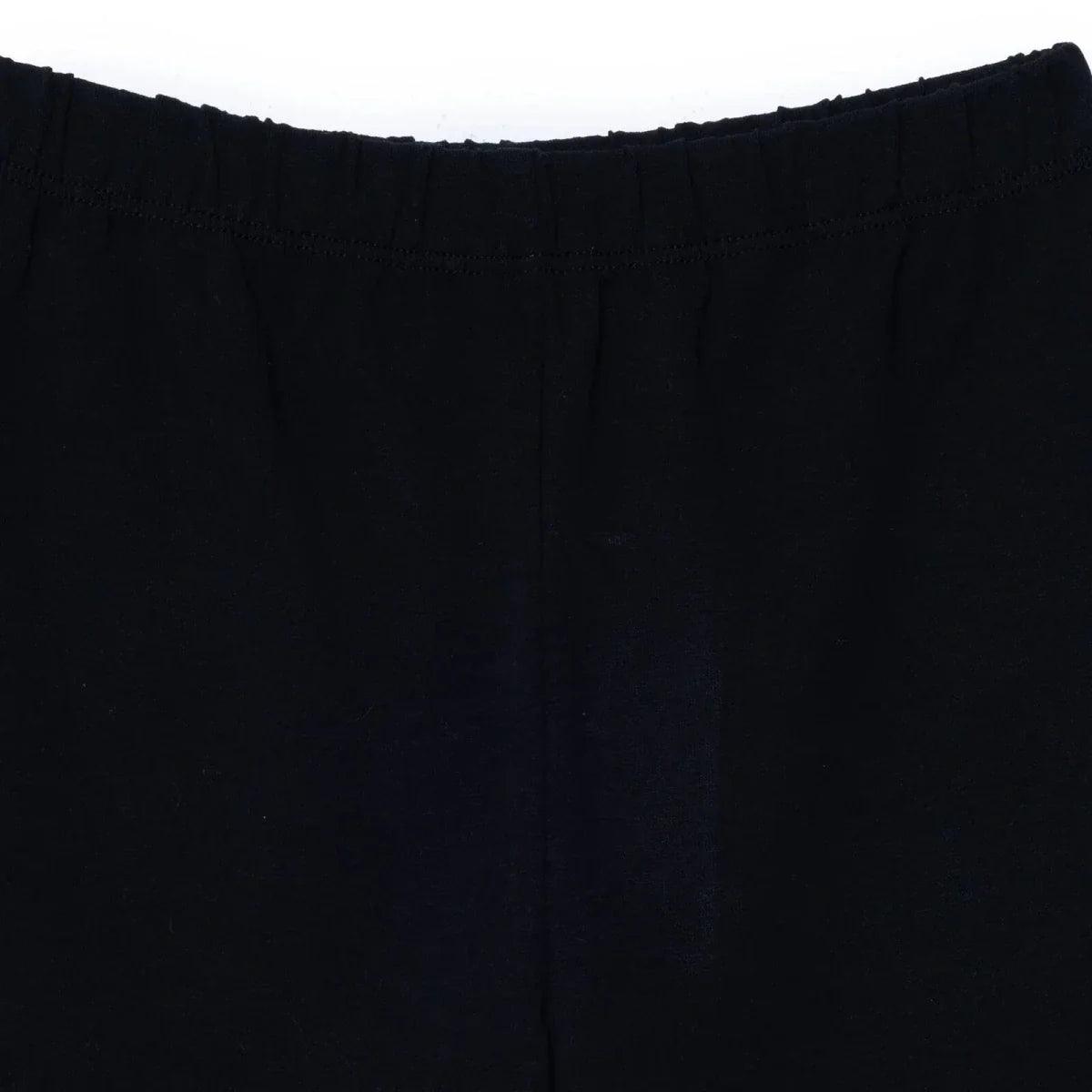 Black jersey baby shorts close-up of elastic waistband and front seam