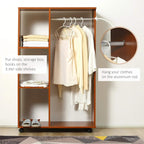 Walnut garment rack with hanging rail and three shelves, open cabinet design