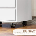 Bottom view of white filing cabinet showing four smooth-rolling casters with two locks
