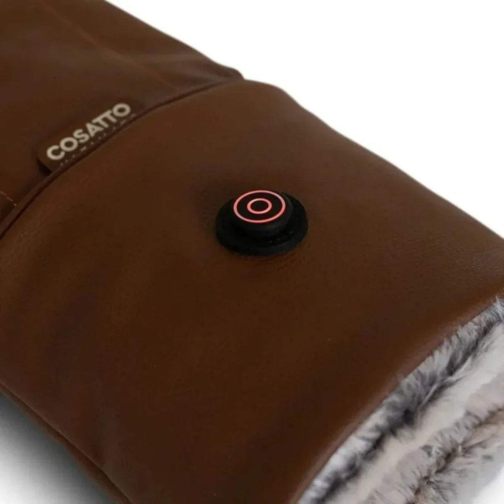 Tan heated mitt close-up: round control button with red light and grey faux-fur edge