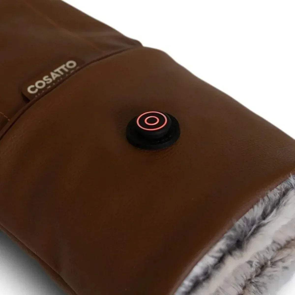 Tan heated mitt close-up: round control button with red light and grey faux-fur edge