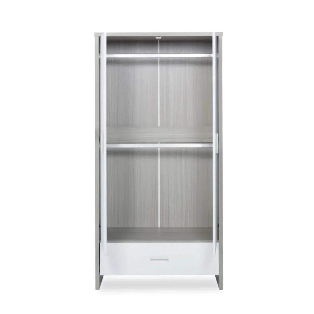 Wardrobe interior with two open shelving levels and hanging space, ash grey boards