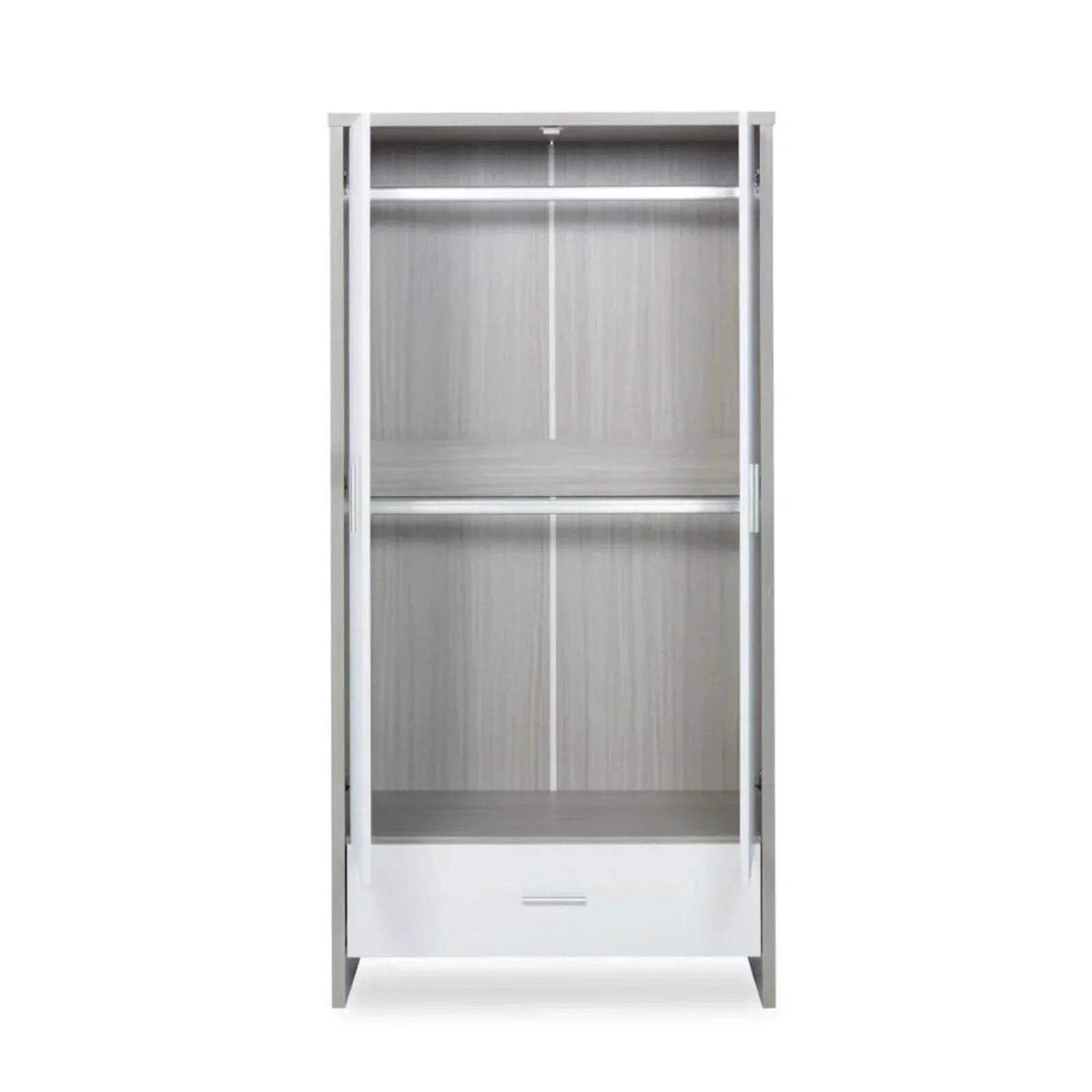 Wardrobe interior with two open shelving levels and hanging space, ash grey boards