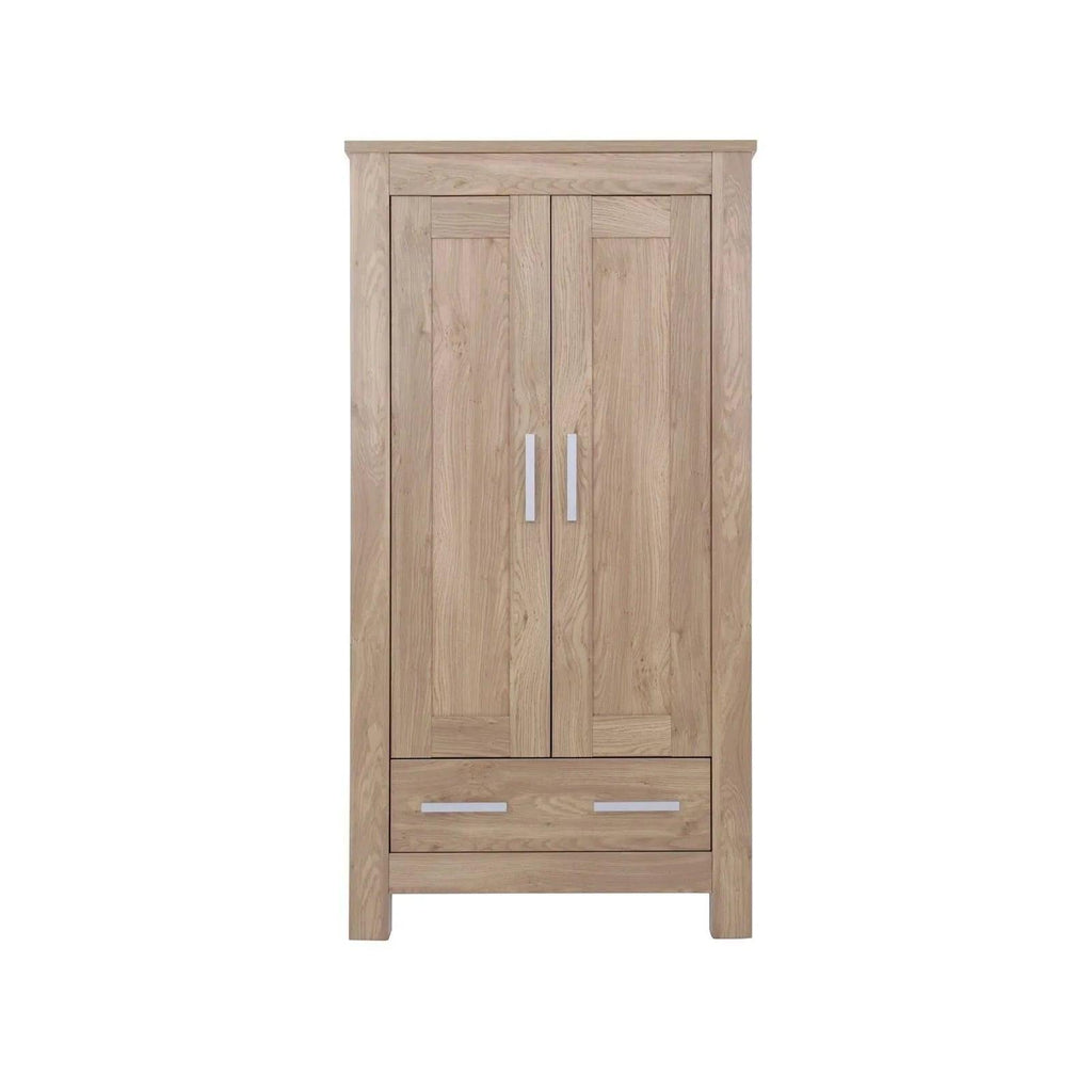 Oak wood wardrobe with two panel doors, vertical handles, and lower drawers