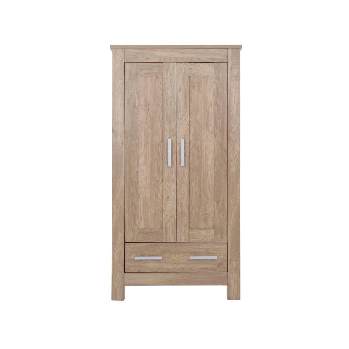 Oak wood wardrobe with two panel doors, vertical handles, and lower drawers