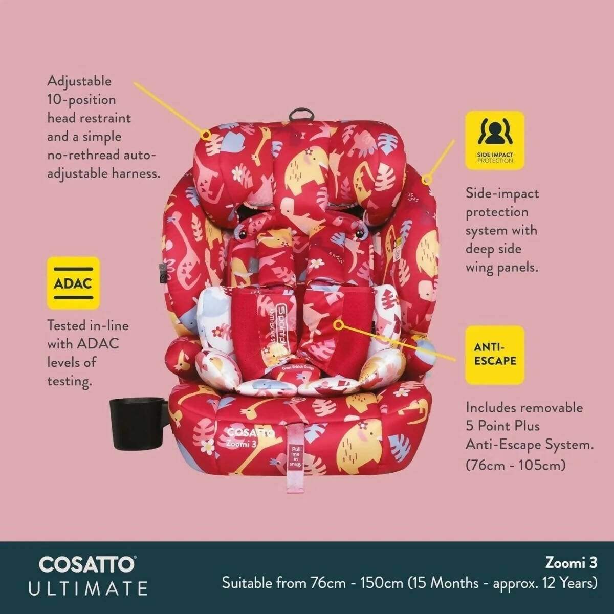 Dinosaur-print car seat with padded headrest and harness, illustrated front view