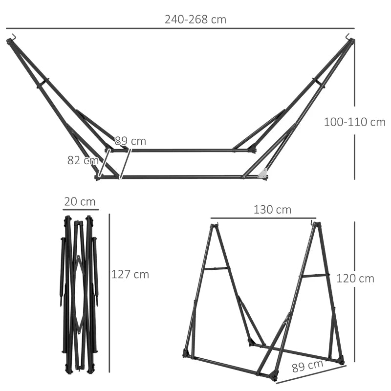 Black foldable hammock stand frame with hammock support bars and dimensions
