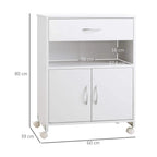White mobile printer cabinet with open shelf and double doors; size markings shown