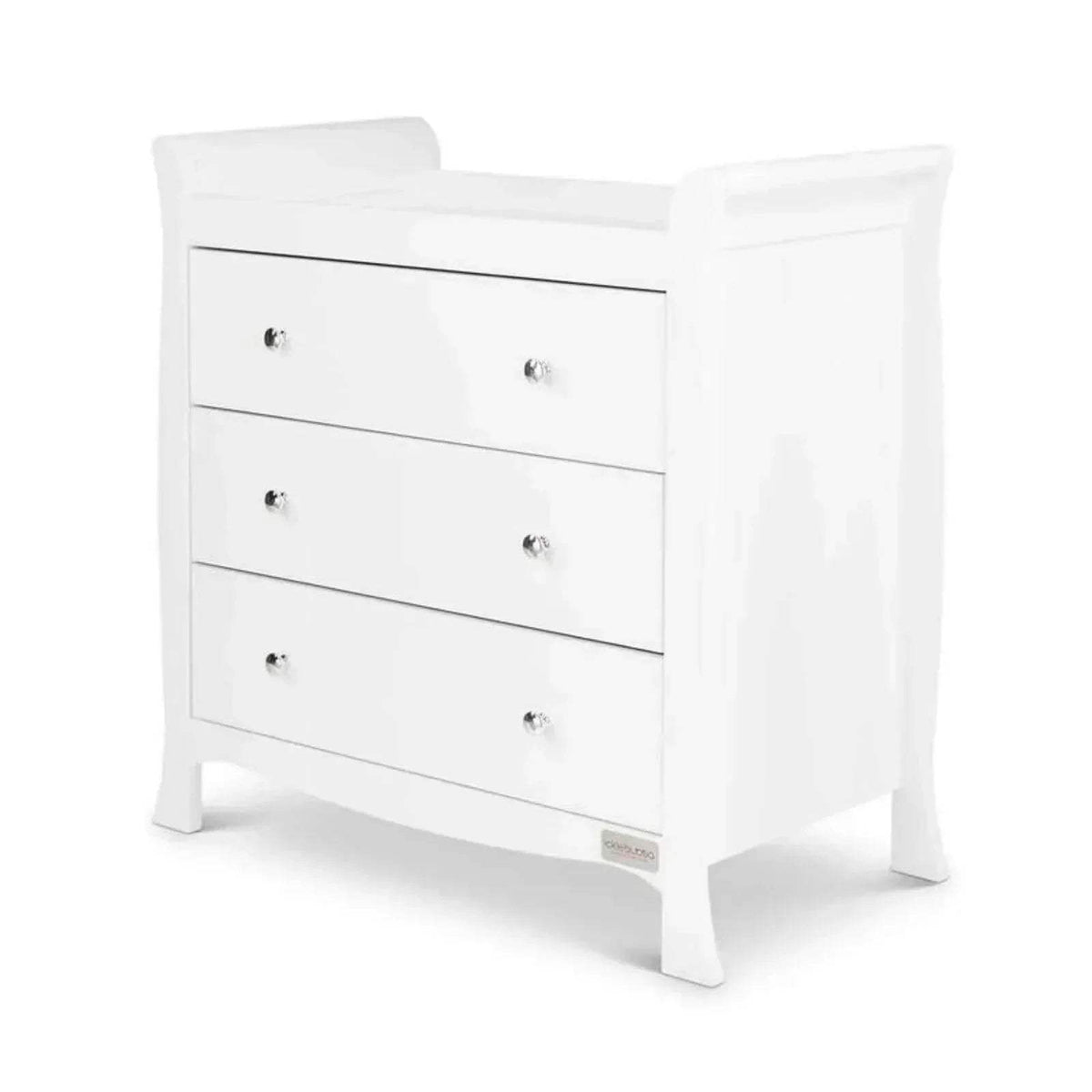 White nursery dresser with three drawers and knob pulls