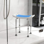Adjustable-height shower stool with blue seat panel and aluminum legs with height holes