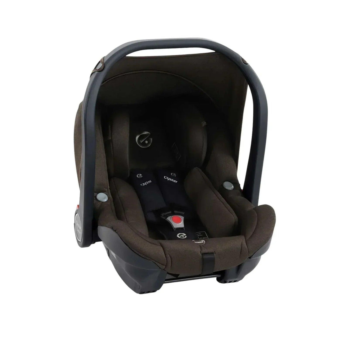 Infant car seat insert with padded headrest and harness slots, dark brown