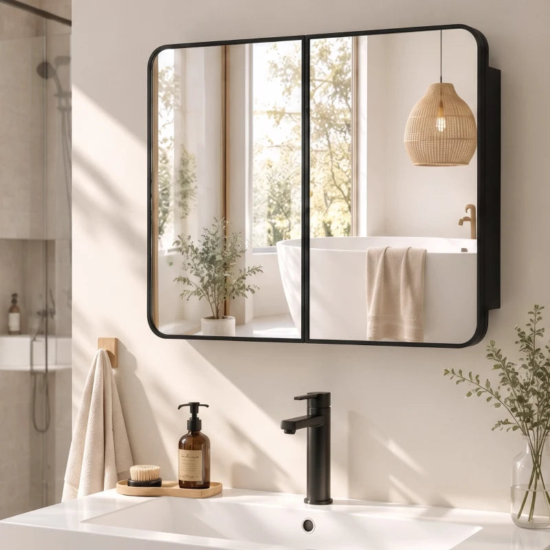 Black bathroom mirror cabinet with two-panel doors and rounded frame above sink