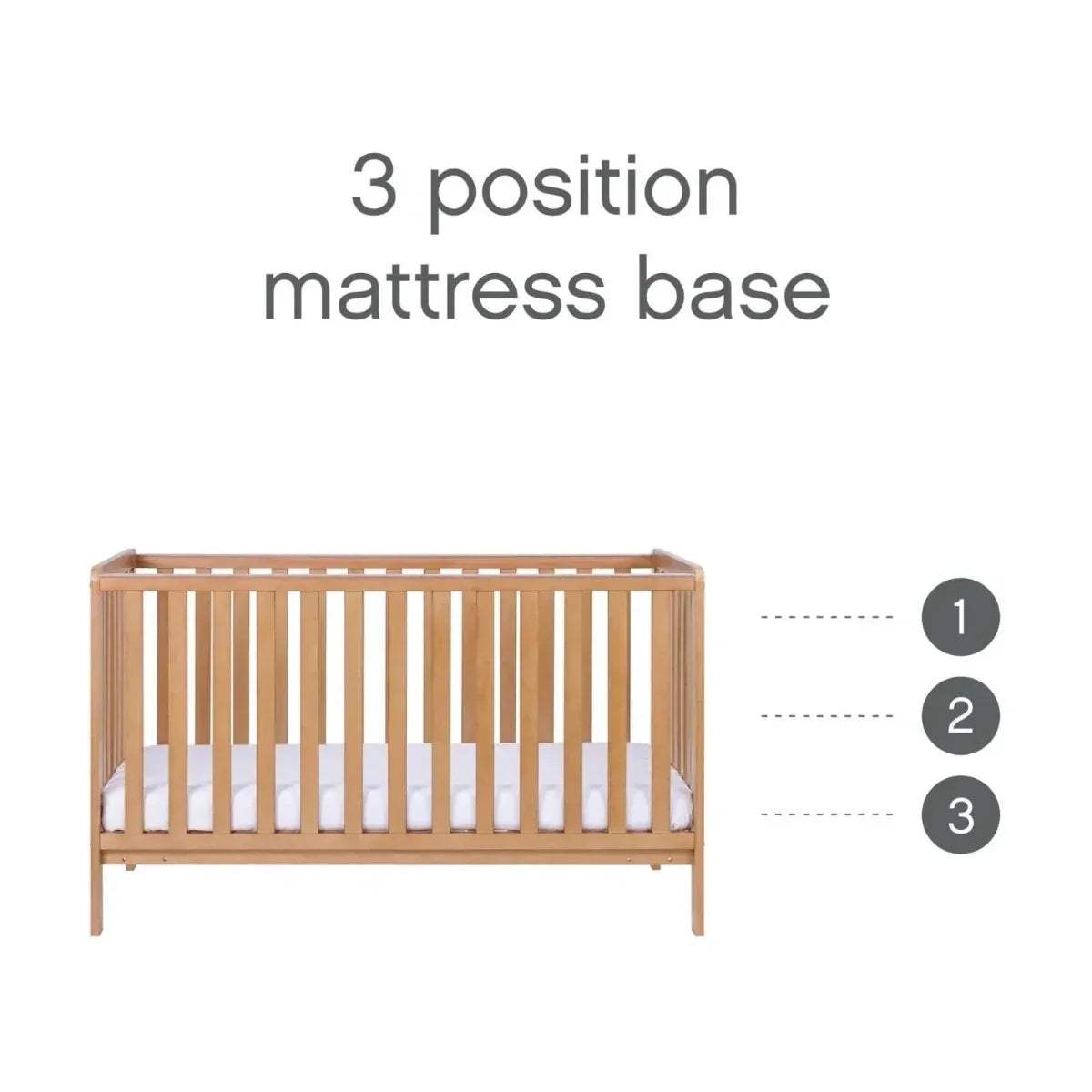 Honey oak cot bed frame with three adjustable mattress base height positions