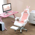 Pink and white reclining gaming chair with rabbit ears and footrest, shown in home office