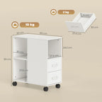 White rolling printer stand with drawers, open compartments, and dimension labels