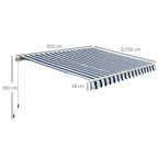 Retractable awning with dark blue and white striped canopy and fringe valance