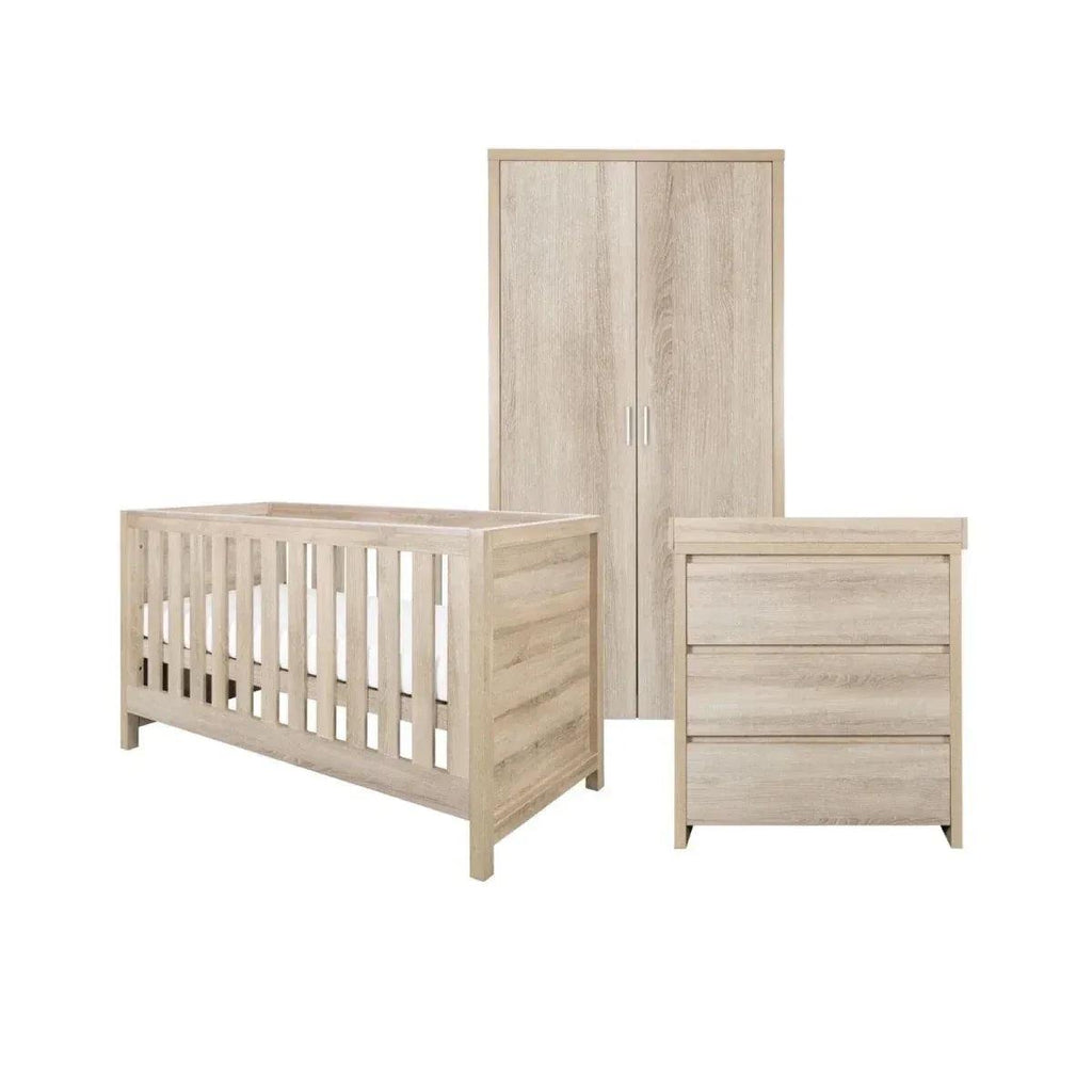 Oak cot bed with tall wardrobe and small drawer cabinet, 3-piece room set