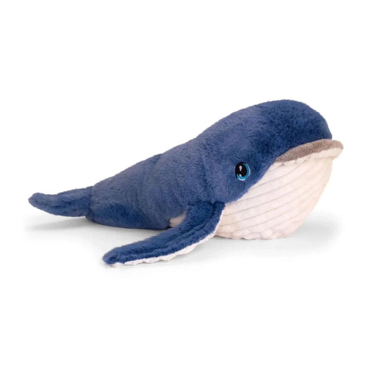 Blue plush whale toy with white belly, long tail and flippers, 25cm