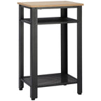 Front view tall side table with oak top and black metal frame, two mesh shelves