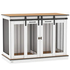 White dog crate furniture with two front cages, black bars, and light wood top