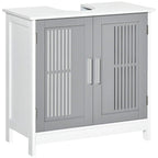 Grey under-sink cabinet with two slatted doors and vertical center handle.